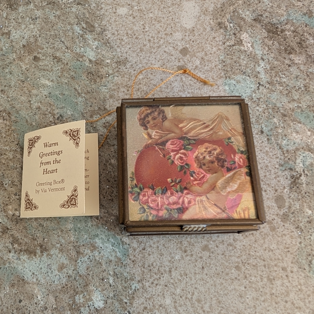 Vintage Via Vermont Cupid Rose Angel Trinket Jewelry Box Foil Art Handcrafted